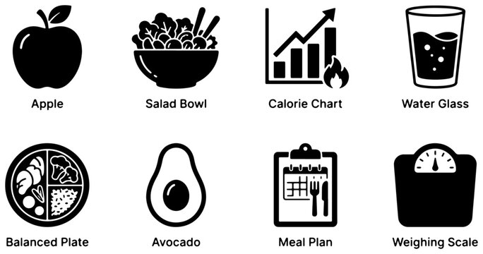 Healthy Eating Icons: Apple, Salad, Calorie Chart, Water, Balanced Plate, Avocado, Meal Plan, Weighing Scale
