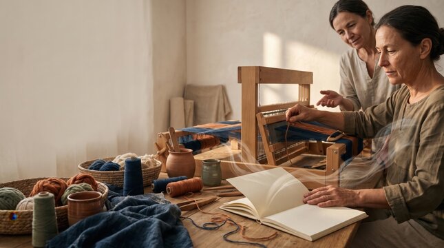 Women weaving on a traditional loom with colorful yarns and pottery in creative workshop