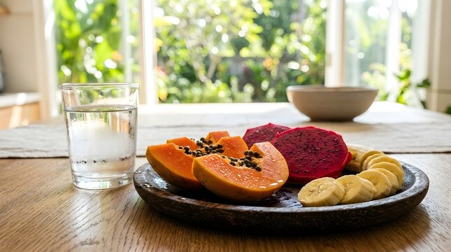 Fresh Tropical Fruits and Water for a Healthy Meal