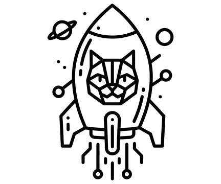 Minimalist cat astronaut line art, geometric kitten in rocket ship, black and white space exploration icon for creative branding