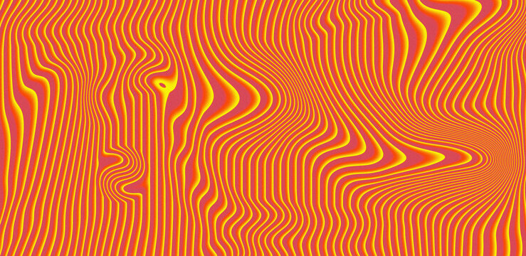 Psychedelic wavy line pattern, vibrant orange and yellow abstract background, trippy distorted stripe texture for creative design