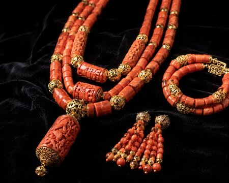 Ornate Coral and Gold Beaded Jewelry Set