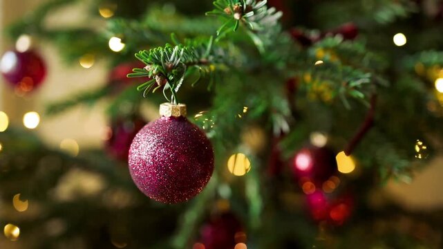 Festive video of a shiny red bauble decorating a green Christmas tree branch with warm shimmering fairy lights and beautiful soft bokeh background.