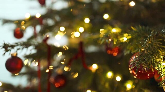 Festive video of a shiny red bauble decorating a green Christmas tree branch with warm shimmering fairy lights and beautiful soft bokeh background.