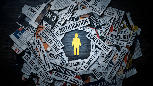 Person overwhelmed by information overload and digital notifications in a news whirlwind