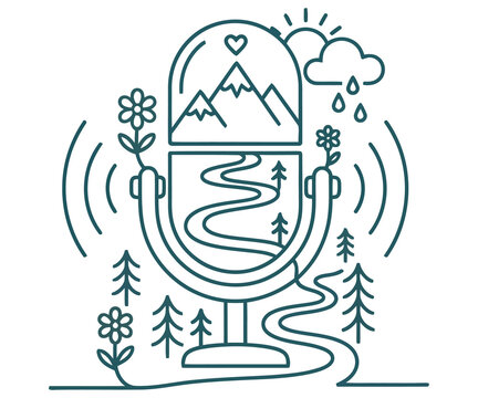 Minimalist nature podcast microphone icon, outdoor broadcast line art illustration, mountain and river landscape audio logo