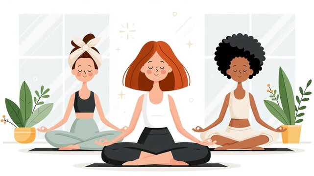 Young cartoon women sitting yoga pose in a bright studio, flat design