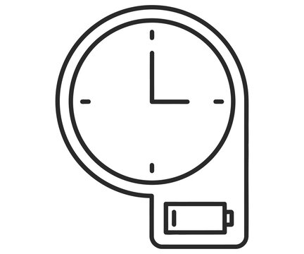 Minimalist clock icon with battery indicator, black line art time symbol, modern digital device interface element