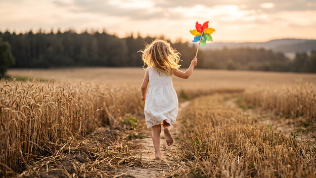 Joyful child runs through a golden wheat field at sunset, embracing freedom with a colorful pinwheel in hand