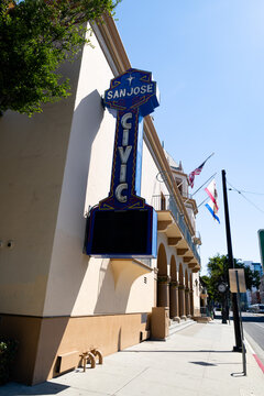 Historic San Jose Civic auditorium vintage neon sign in downtown