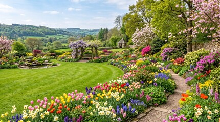 Obraz premium country garden with colorful flowers and green lawn