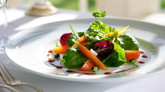 Freshly prepared salad with colorful vegetables like spinach, radicchio, carrots, and tomatoes, dressed and served in a restaurant setting