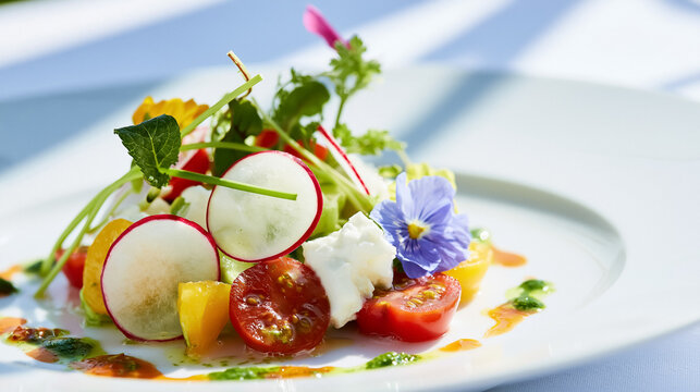 Fresh gourmet salad prepared with crisp radishes, juicy tomatoes, creamy feta, and vibrant edible flowers, drizzling with sauce