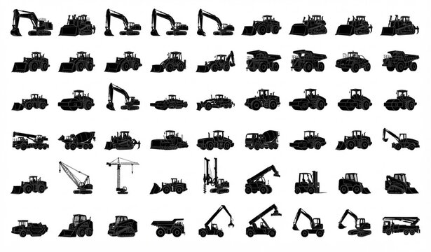Earthmoving and heavy construction vehicle silhouette bundle with industrial machinery vector illustrations
