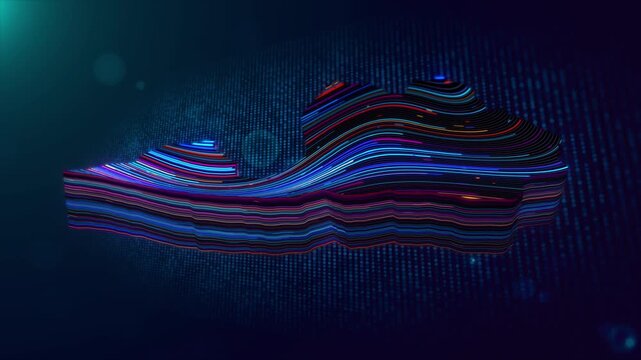 Dynamic Latvia map reveal animation combines flowing multicolored neon lines, glowing particles, and a futuristic blue grid, followed by a clean text reveal for Latvia.