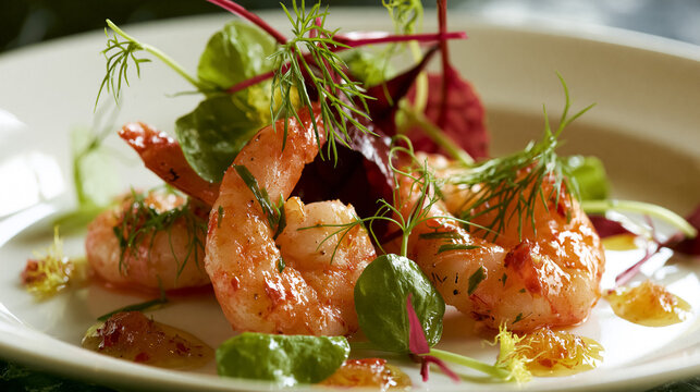 Cooked shrimp creating an elegant appetizer, served with mixed greens, fresh dill, and a flavorful sauce, highlighting fine dining