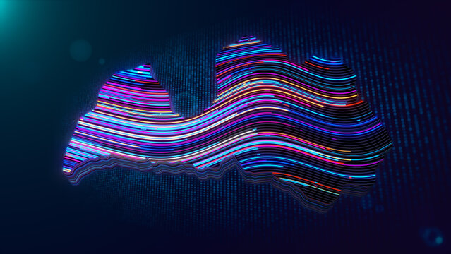 Abstract 3D extruded Latvia map formed by colorful flowing neon lines, surrounded by digital particles, glowing dots, and a deep blue futuristic technology background.