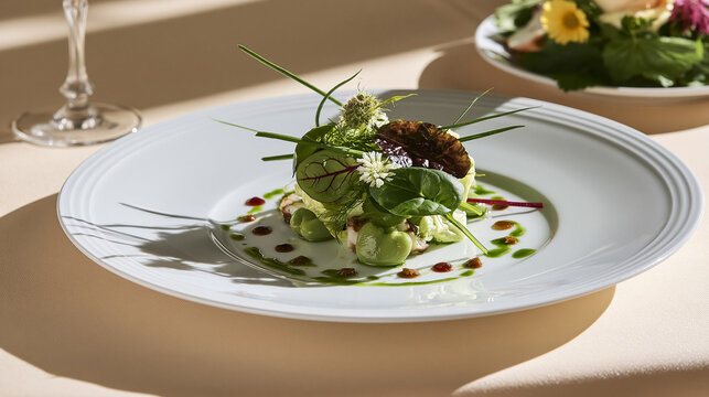 Fresh gourmet salad, an elegant appetizer with various greens, vegetables, edible flowers, and sauce, presented on a white plate