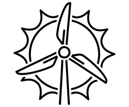 Minimalist wind turbine icon with sun background. Renewable energy symbol, clean power concept, sustainable electricity graphic.