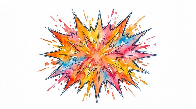 Comic Explosion Burst Watercolor Element, energetic hand-painted graphic isolated on white for games, stickers and creative designs