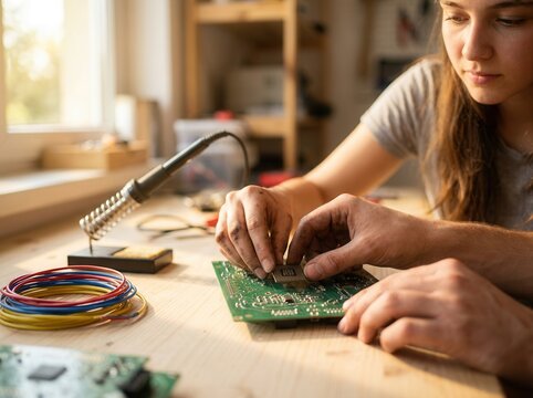 Engineer Soldering Circuit Board on Desk in Electronics Workshop