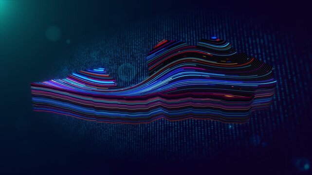 Animated Latvia map emerges through colorful flowing light lines and a glowing digital particle grid, creating a dynamic futuristic visualization with depth, motion, and technological atmosphere.
