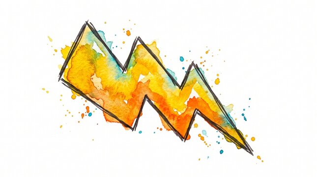 Comic Lightning Bolt Watercolor Element, bold hand-painted energy symbol isolated on white for games, stickers and graphic designs