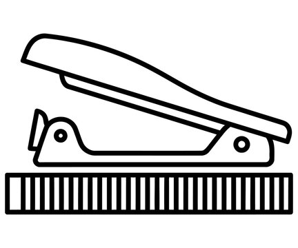 Minimalist stapler icon with staple row, black line art office supply, professional stationery symbol for business documents