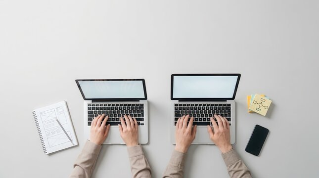 Two People Typing on Laptops Flat Lay for Teamwork Concept Banner
