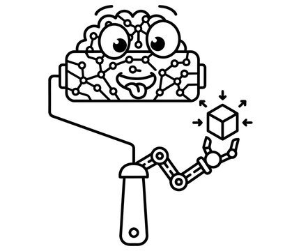 Artificial intelligence brain icon, creative AI paint roller character, robotic arm holding digital cube, neural network line art illustration
