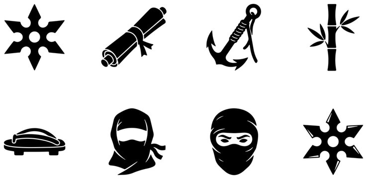 Ninja Icons Set: Shuriken, Scroll, Anchor, Bamboo, Geta Sandals, and Masked Warrior Silhouettes for Graphic Design and Cultural Themes