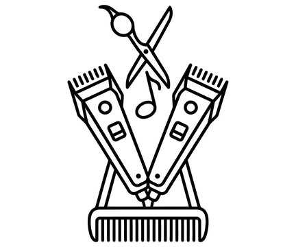 Barber shop logo icon, professional hair clippers and scissors with comb, minimalist black and white hairdressing salon emblem