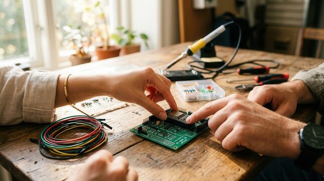 Hands Assembling Circuit Board on Wooden Desk for Electronics Workshop