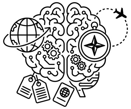 Conceptual brain line art illustration, global travel and logistics planning icon, human mind with world globe and gears