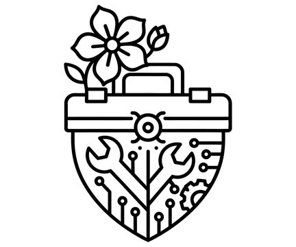 Minimalist toolbox line art icon, industrial heart shield with wrenches and circuit patterns, floral mechanical repair logo