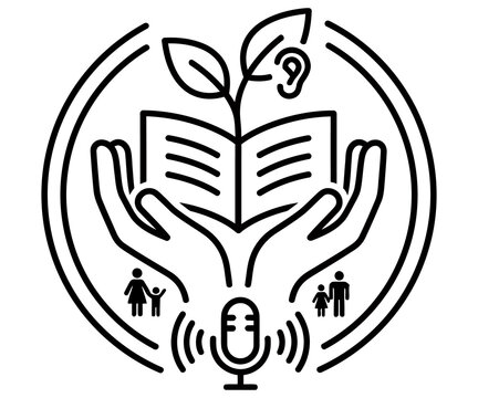 Minimalist educational podcast icon, hands holding open book with growing plant, storytelling and literacy audio concept