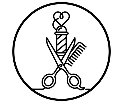 Minimalist barber shop logo, black line art hair salon icon with scissors and comb, professional grooming service emblem