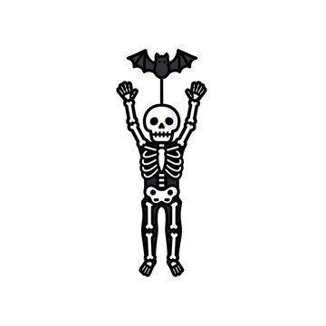 Funny skeleton hanging from a flying black bat