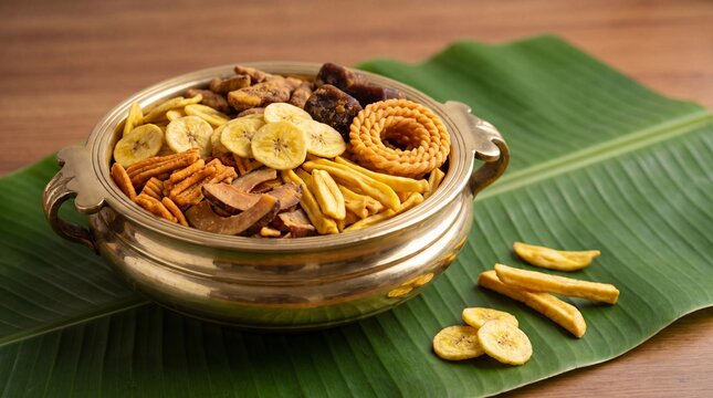 Traditional Kerala Onam Mixed Snacks Banana Chips Murukku and Sharkara Varatti in a Brass Uruli on Fresh Banana Leaf and Wooden Table