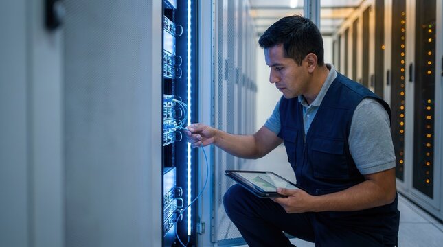 IT engineer working on server rack with tablet in data center