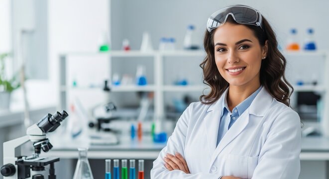 Confident female scientist wearing a white coat poses beside a microscope in a modern research laboratory