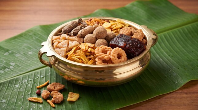 Traditional Kerala Onam Mixed Snacks Featuring Halwa, Ari Unda, Banana Chips, and Murukku in a Brass Uruli on Fresh Banana Leaf
