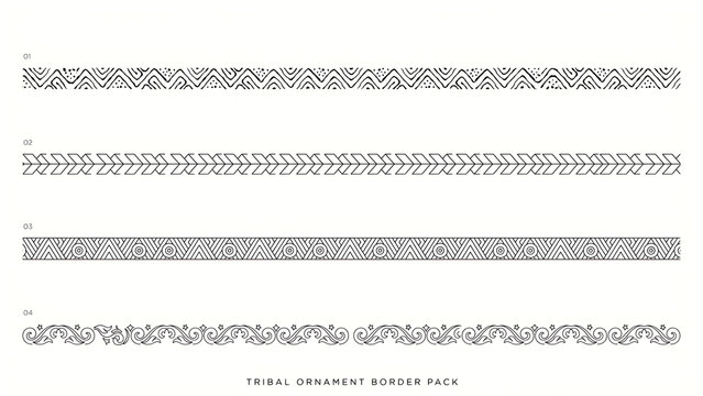 Four black tribal ornament borders on a white background, isolated on a, transparent background