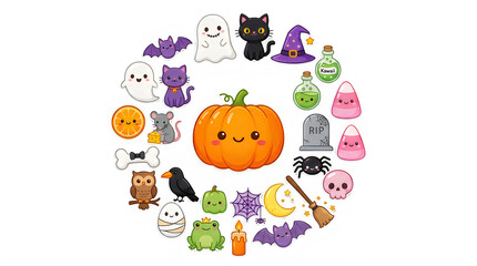 Fototapeta premium Cute cartoon Halloween icons collection, adorable smiling pumpkin, ghost, cat, witch hat, bat, spider, mummy, frog, owl, candy, vector illustration set for design isolated PNG with Transparent