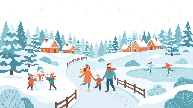 Vector Illustration of Winter Wonderland Scene with Families Skating and Building Snowman