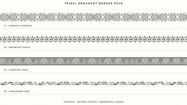 Four black tribal ornament borders with geometric patterns isolated on a transparent background