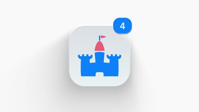 Castle app icon featuring an animated notification badge with number counter increasing from 1 to 99, dynamic shadow effect, minimalist concept for fantasy park updates, on white background.