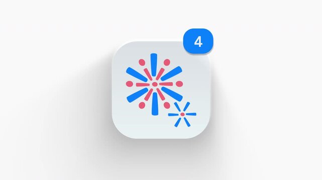 Firework app icon featuring an animated notification badge with number counter increasing from 1 to 99, dynamic shadow effect, minimalist concept for celebration updates, on white background.