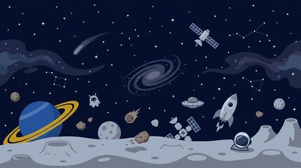 Naklejka premium Pixel art space landscape with astronaut rocket and planets in deep galaxy background