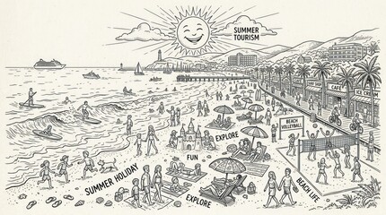 Fototapeta premium Elegant Black and White of Summer Tourism Beach Life Fun and Exploration Activities with high quality professional line art symbols for modern creative design and digital branding projects